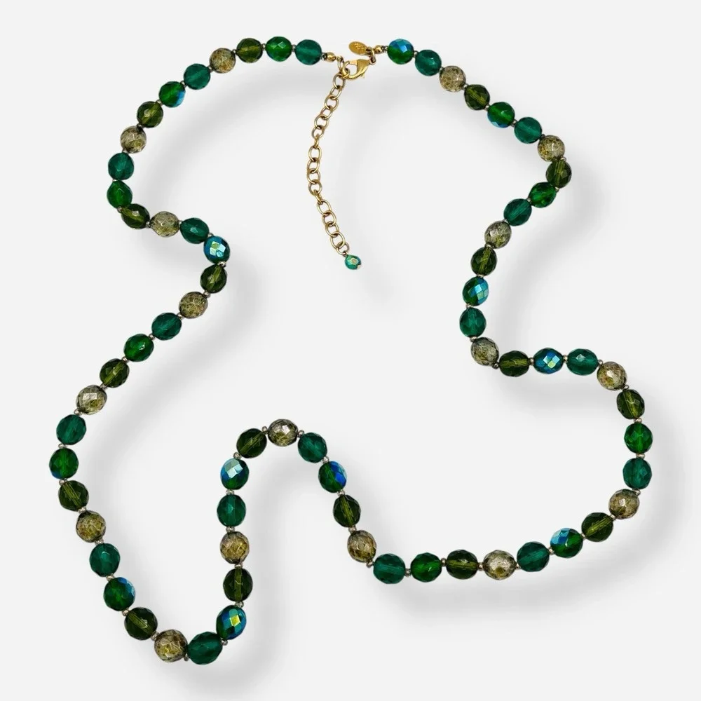 Vintage Joan Rivers Necklace Green Aurora Borealis Czech Republic Glass Bead 38